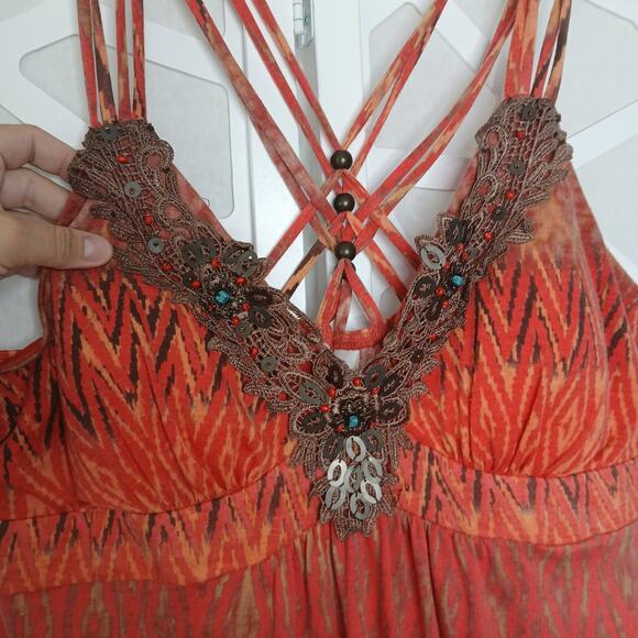 6 Degrees Y2K Boho Red Multi Print Mini Dress Womens XL Vintage Boho Western - Picture 2 of 9